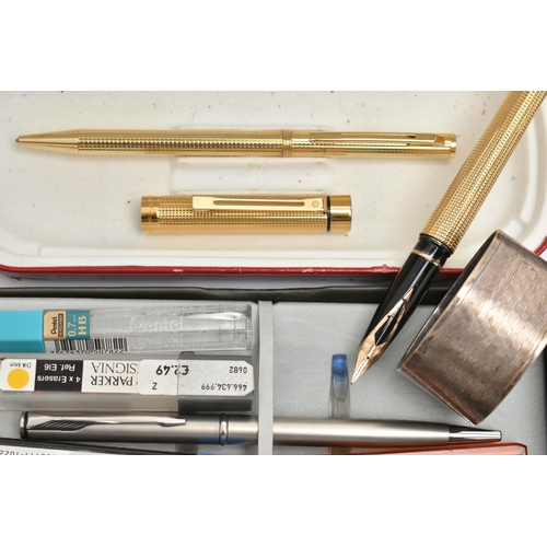 103 - A SMALL QUANTITY OF ITEMS, to include a two piece gold plated 'Sheaffer' fountain pen with 14k nib a... 