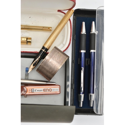 103 - A SMALL QUANTITY OF ITEMS, to include a two piece gold plated 'Sheaffer' fountain pen with 14k nib a... 