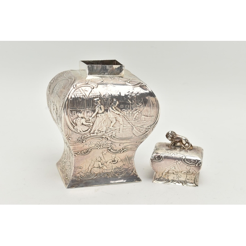 106 - AN EDWARDIAN SILVER TEA CADDY, four sided shape embossed with fishing and farming scenes with lion f... 