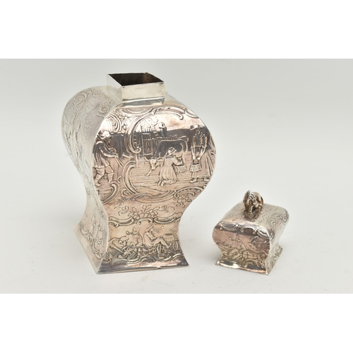 106 - AN EDWARDIAN SILVER TEA CADDY, four sided shape embossed with fishing and farming scenes with lion f... 