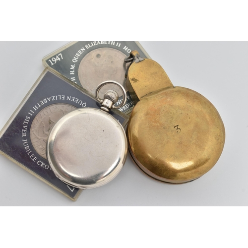 110 - A SILVER OPEN FACE POCKET WATCH AND TWO COMMEMORATIVE COINS, manual wind open face pocket watch, rou... 