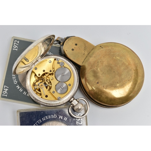 110 - A SILVER OPEN FACE POCKET WATCH AND TWO COMMEMORATIVE COINS, manual wind open face pocket watch, rou... 