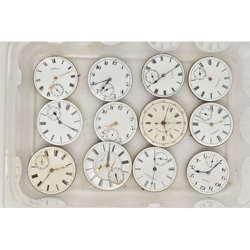 112 - A PLASTIC TUB OF POCKET WATCH MOVEMENTS, thirty-two movements in total, some with names to include '... 