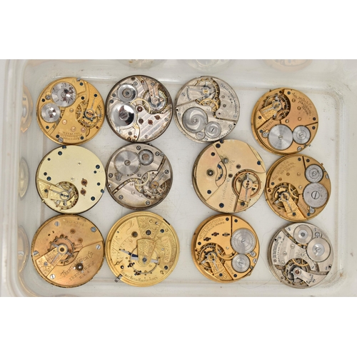 112 - A PLASTIC TUB OF POCKET WATCH MOVEMENTS, thirty-two movements in total, some with names to include '... 