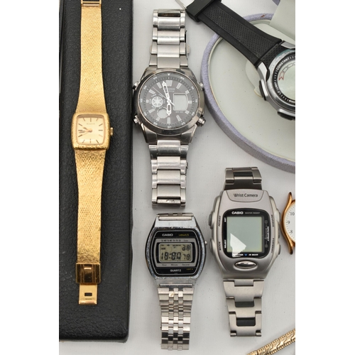 113 - A SELECTION OF WRISTWATCHES, to include a ladies 9ct gold manual wind watch, round silver dial, Arab... 