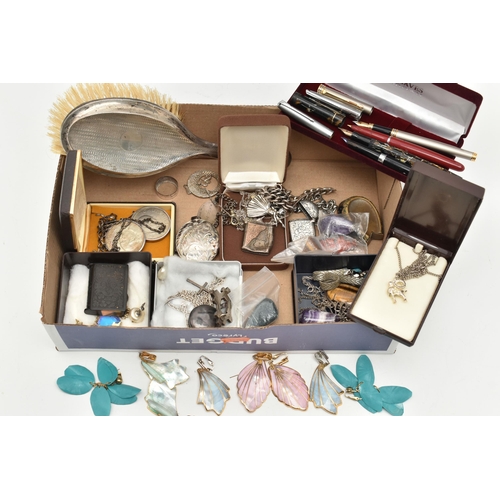 114 - A BOX OF ASSORTED SILVER JEWELLERY AND ITEMS, to include a large oval silver locket, hallmarked Birm... 