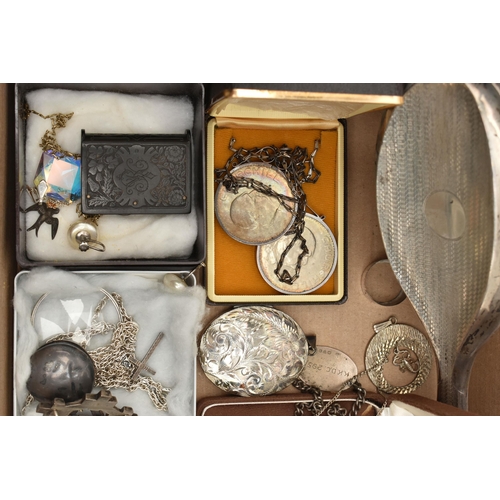 114 - A BOX OF ASSORTED SILVER JEWELLERY AND ITEMS, to include a large oval silver locket, hallmarked Birm... 