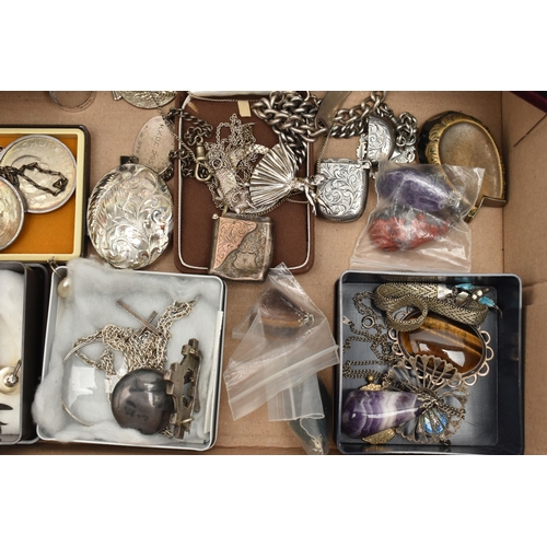 114 - A BOX OF ASSORTED SILVER JEWELLERY AND ITEMS, to include a large oval silver locket, hallmarked Birm... 