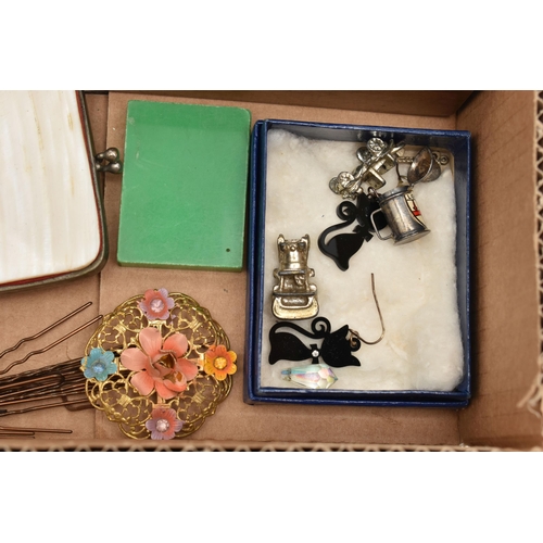 115 - A BOX OF ASSORTED ITEMS, to include a white metal, key wound, open face pocket watch, inside case ba... 