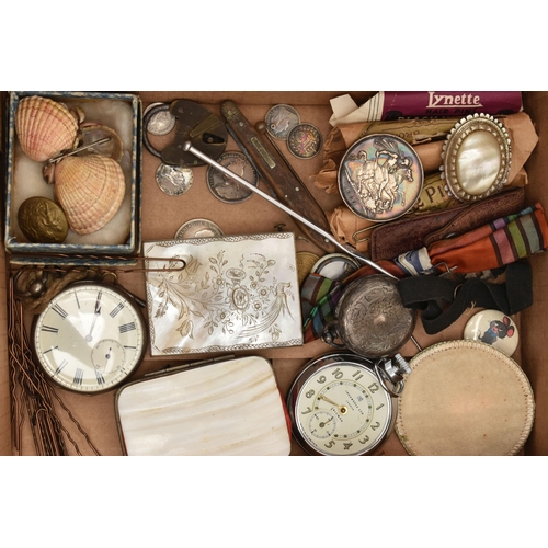 115 - A BOX OF ASSORTED ITEMS, to include a white metal, key wound, open face pocket watch, inside case ba... 