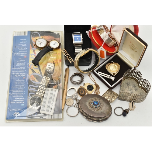 116 - A BOX OF ASSORTED ITEMS, to include a single 9ct gold hoop earring, hallmarked, approximate gross we... 