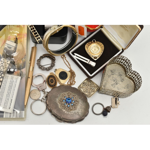 116 - A BOX OF ASSORTED ITEMS, to include a single 9ct gold hoop earring, hallmarked, approximate gross we... 