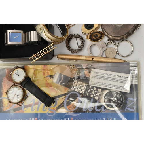 116 - A BOX OF ASSORTED ITEMS, to include a single 9ct gold hoop earring, hallmarked, approximate gross we... 