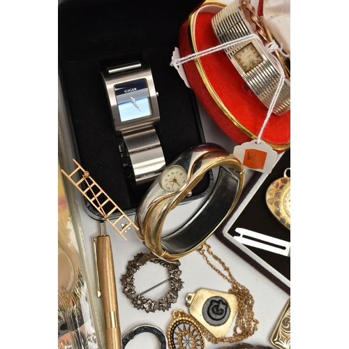 116 - A BOX OF ASSORTED ITEMS, to include a single 9ct gold hoop earring, hallmarked, approximate gross we... 