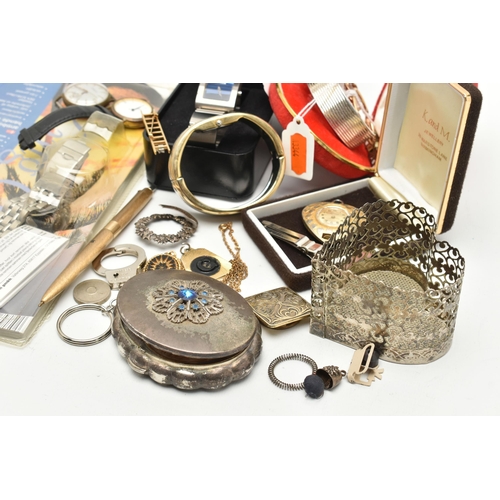 116 - A BOX OF ASSORTED ITEMS, to include a single 9ct gold hoop earring, hallmarked, approximate gross we... 