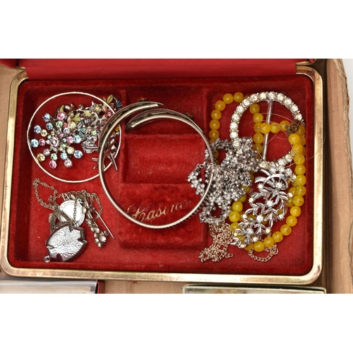 118 - A BOX OF ASSORTED ITEMS, to include a white metal charm bracelet, fitted with four charms in forms s... 