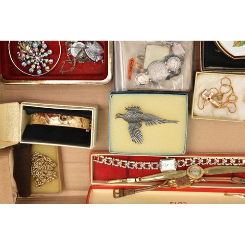 118 - A BOX OF ASSORTED ITEMS, to include a white metal charm bracelet, fitted with four charms in forms s... 