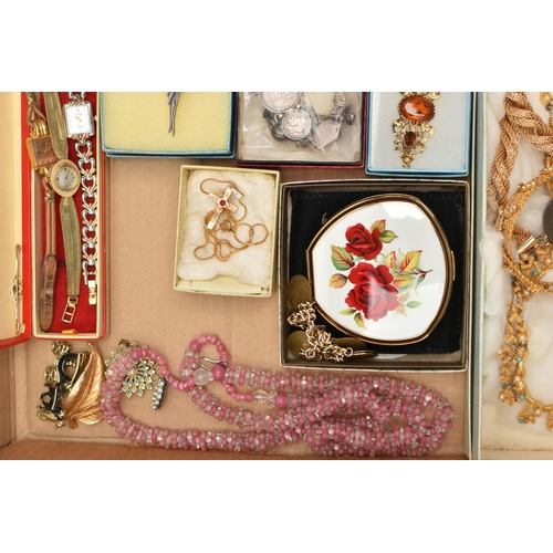 118 - A BOX OF ASSORTED ITEMS, to include a white metal charm bracelet, fitted with four charms in forms s... 