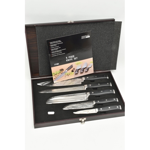 120 - A WOODEN CASE OF KITCHEN KNIVES, five piece set of stainless steel knives, including a Chefs knife, ... 