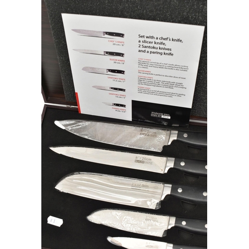 120 - A WOODEN CASE OF KITCHEN KNIVES, five piece set of stainless steel knives, including a Chefs knife, ... 