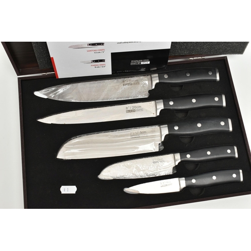 120 - A WOODEN CASE OF KITCHEN KNIVES, five piece set of stainless steel knives, including a Chefs knife, ... 