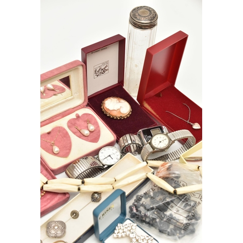 121 - A BOX OF ASSORTED ITEMS, to include a boxed imitation pearl necklace and earring set, chain stamped ... 