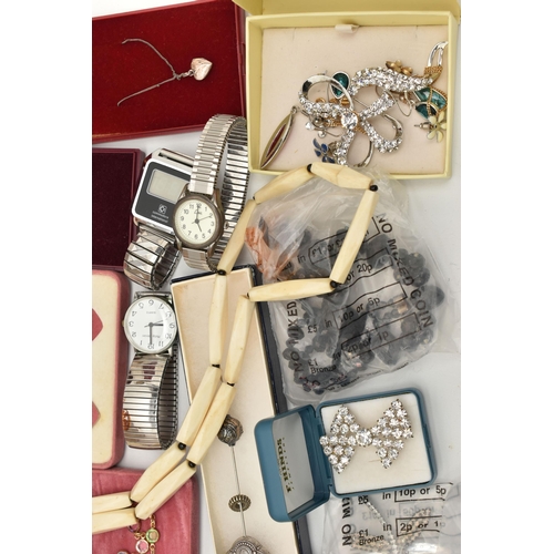 121 - A BOX OF ASSORTED ITEMS, to include a boxed imitation pearl necklace and earring set, chain stamped ... 