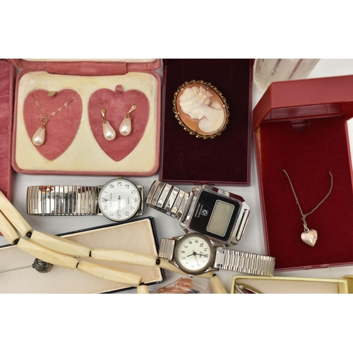 121 - A BOX OF ASSORTED ITEMS, to include a boxed imitation pearl necklace and earring set, chain stamped ... 