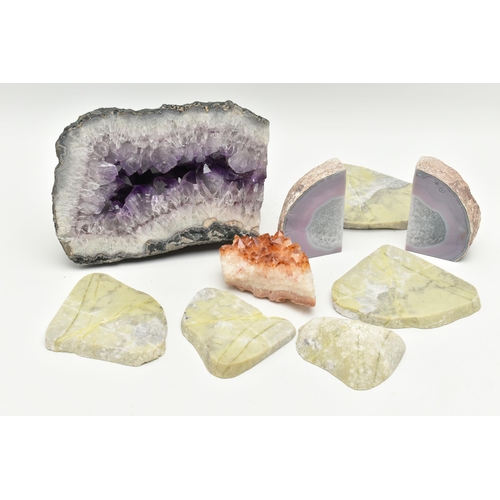 122 - FOUR GEMSTONE SPECIMENS, to include an amethyst geode, a citrine specimen, a split banded agate and ... 