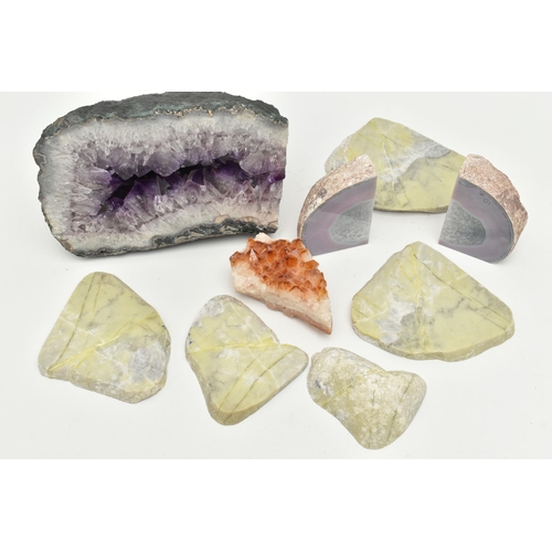 122 - FOUR GEMSTONE SPECIMENS, to include an amethyst geode, a citrine specimen, a split banded agate and ... 