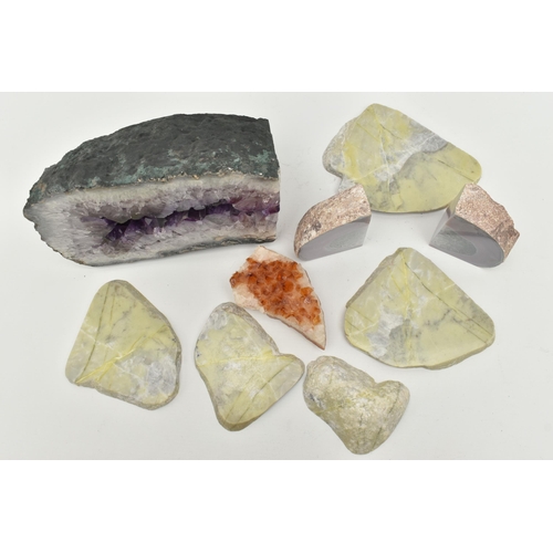 122 - FOUR GEMSTONE SPECIMENS, to include an amethyst geode, a citrine specimen, a split banded agate and ... 