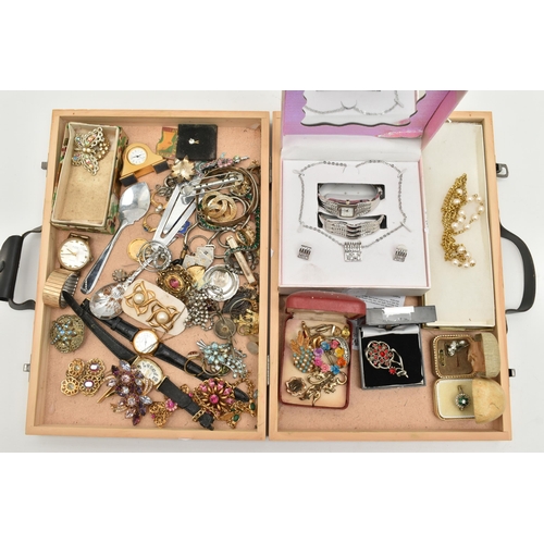 123 - A BOX OF ASSORTED ITEMS, to include a ladies boxed costume jewellery and watch set, a white metal an... 