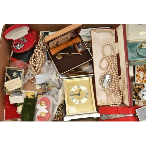 124 - A BOX OF ASSORTED COSTUME JEWELLERY AND OTHER ITEMS, to include various beaded necklaces, earrings, ... 