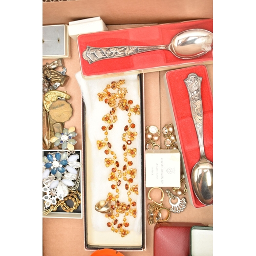 124 - A BOX OF ASSORTED COSTUME JEWELLERY AND OTHER ITEMS, to include various beaded necklaces, earrings, ... 