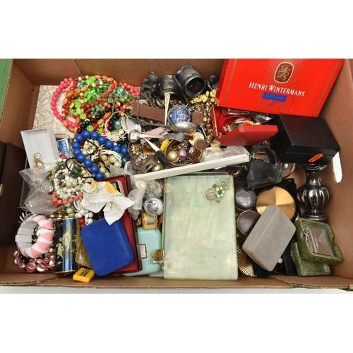 125 - A BOX OF ASSORTED COSTUME JEWELLERY AND OTHER ITEMS, to include beaded necklaces, earrings, bracelet... 