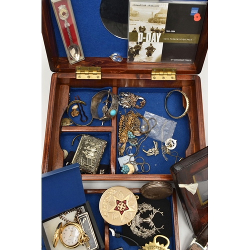 128 - A BOX OF ASSORTED ITEMS, to include a silver trinket box with cover, hallmarked 'L J Millington' Bir... 