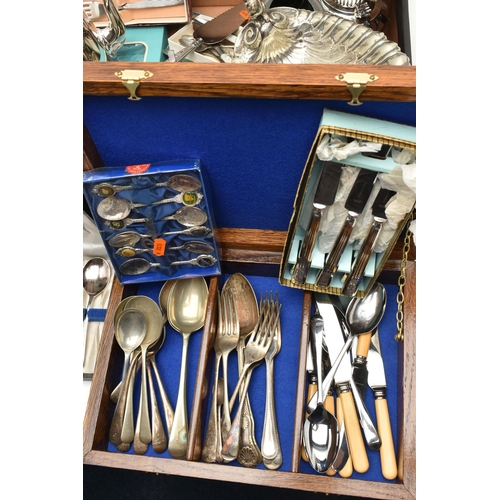 129 - A BOX OF ASSORTED WHITE METAL WARE, to include a small wooden canteen with mixed cutlery, teapots, c... 