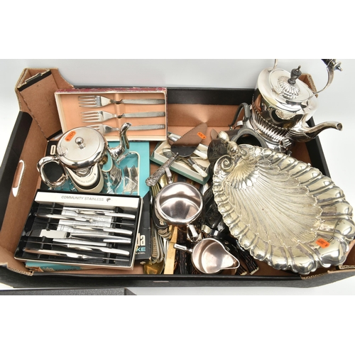 129 - A BOX OF ASSORTED WHITE METAL WARE, to include a small wooden canteen with mixed cutlery, teapots, c... 