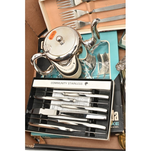 129 - A BOX OF ASSORTED WHITE METAL WARE, to include a small wooden canteen with mixed cutlery, teapots, c... 