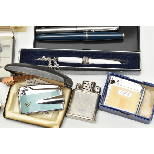 130 - A BOX OF ASSORTED PENS, LIGHTERS AND A MILITARY COMPASS, to include a boxed 'Sheaffer' burgundy foun... 