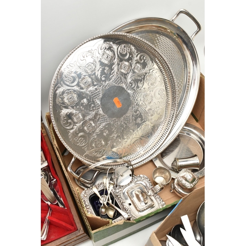 131 - ASSORTED WHITE METAL WARE, to include a circular tray, a double handled oval tray, assorted condimen... 