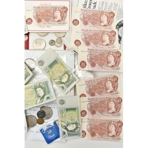 132 - A CARDBOARD TRAY OF MIXED COINS AND BANKNOTES, to include over 350 grams of various Silver coins Inc... 