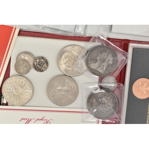 132 - A CARDBOARD TRAY OF MIXED COINS AND BANKNOTES, to include over 350 grams of various Silver coins Inc... 