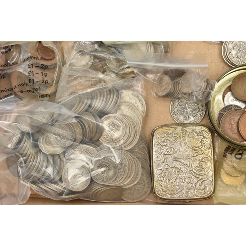 133 - A CARDBOARD BOX OF UK 20TH CENTURY COINS, to include a bag of Pre 1947 Silver coins Half Crowns, Flo... 