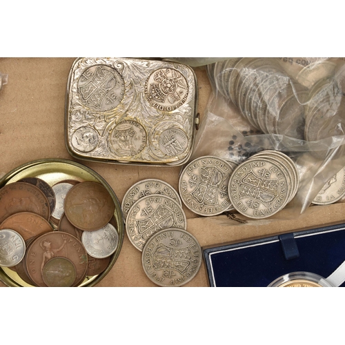 133 - A CARDBOARD BOX OF UK 20TH CENTURY COINS, to include a bag of Pre 1947 Silver coins Half Crowns, Flo... 