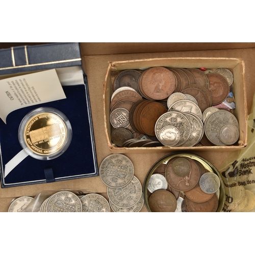 133 - A CARDBOARD BOX OF UK 20TH CENTURY COINS, to include a bag of Pre 1947 Silver coins Half Crowns, Flo... 