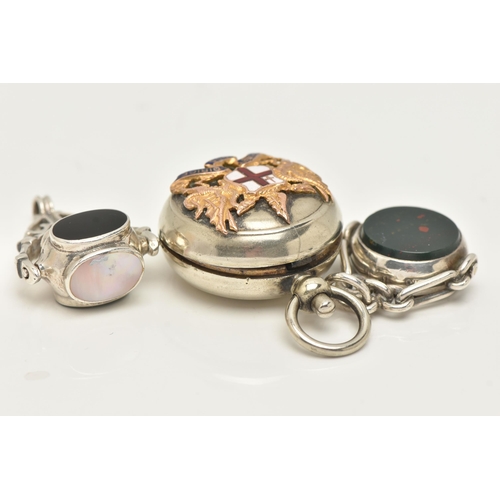 77 - A COLLECTION OF TWO WHITE METAL SWIVEL FOBS AND SOVEREIGN CASE, to include a late Victorian silver b... 