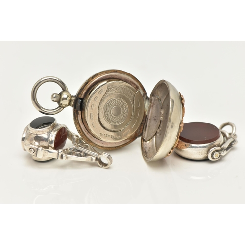 77 - A COLLECTION OF TWO WHITE METAL SWIVEL FOBS AND SOVEREIGN CASE, to include a late Victorian silver b... 