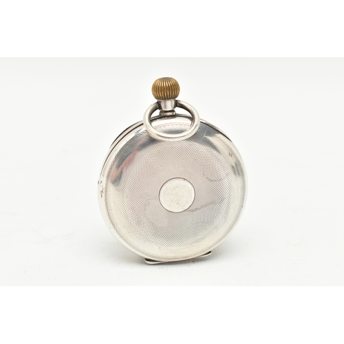 79 - AN EARLY 20TH CENTURY OPEN FACE TOP WOUND POCKET WATCH, the white enamel dial with black Roman numer... 