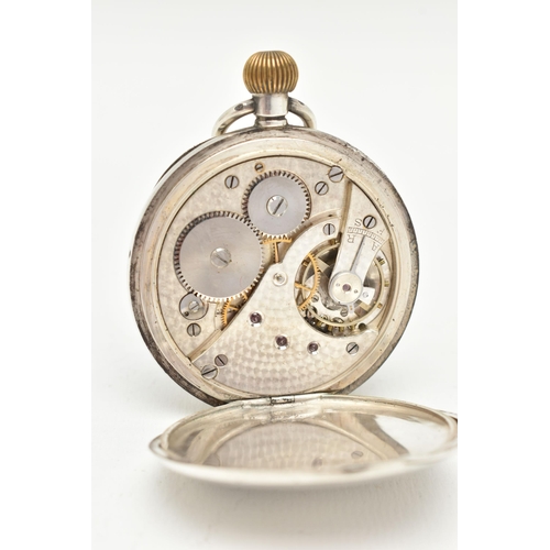 79 - AN EARLY 20TH CENTURY OPEN FACE TOP WOUND POCKET WATCH, the white enamel dial with black Roman numer... 